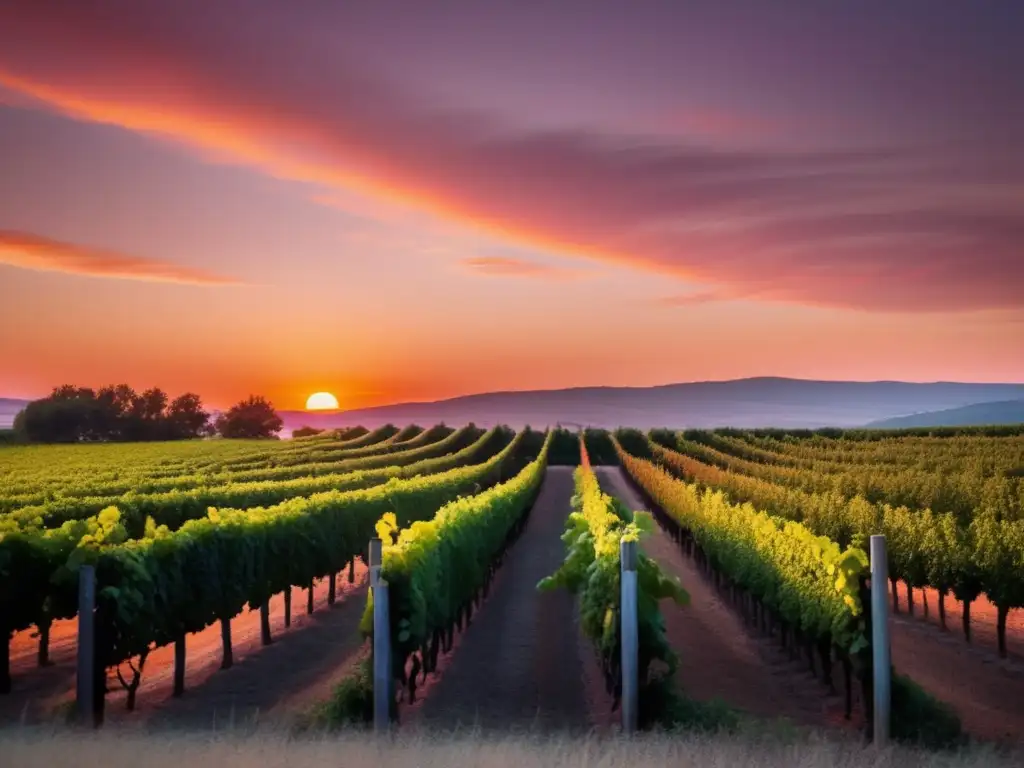 Memoria climática en vinos contemporáneos: Viñedo minimalista al atardecer, con filas de vides que se extienden hacia el horizonte