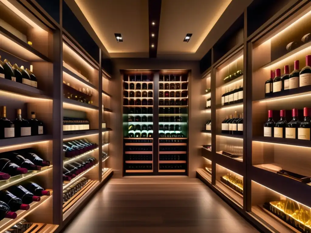 Mercados emergentes del vino global en una bodega minimalista con elegantes gabinetes iluminados y botellas cuidadosamente dispuestas