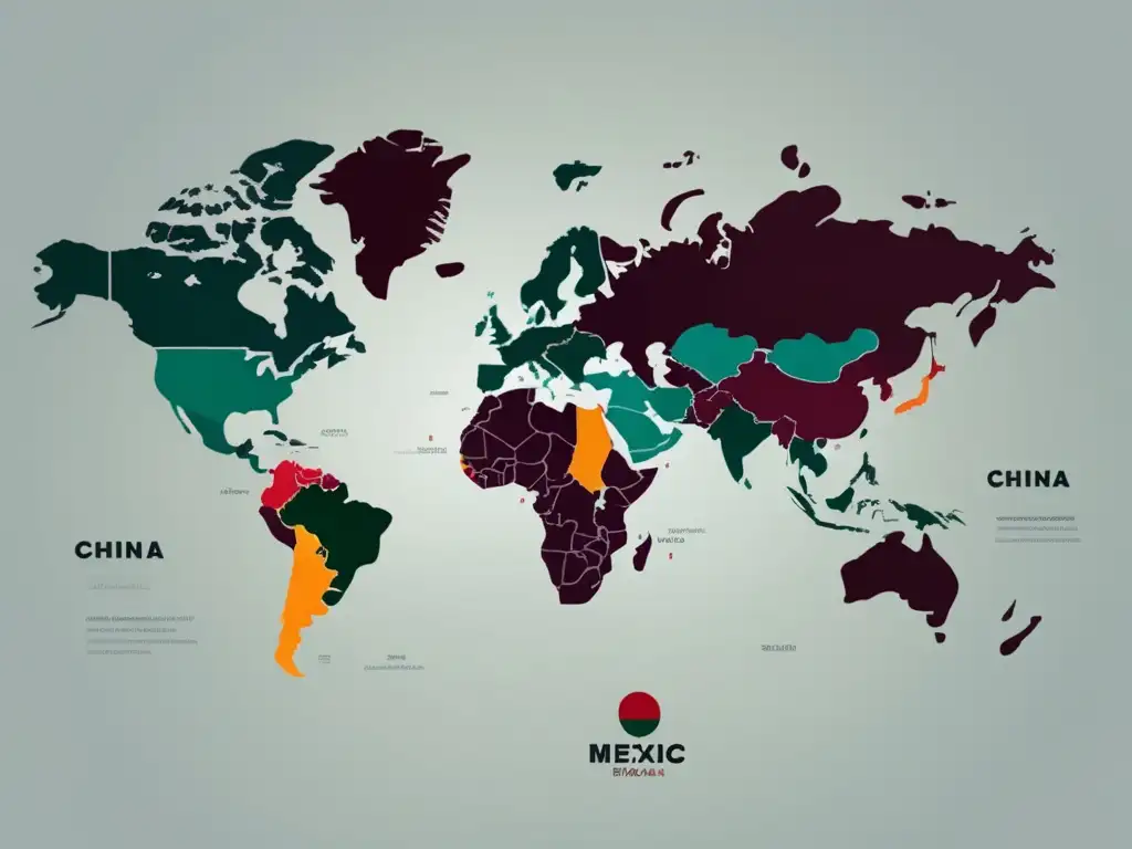 Mercados emergentes del vino global: mapa minimalista con países destacados: China, India, Brasil, Sudáfrica y México