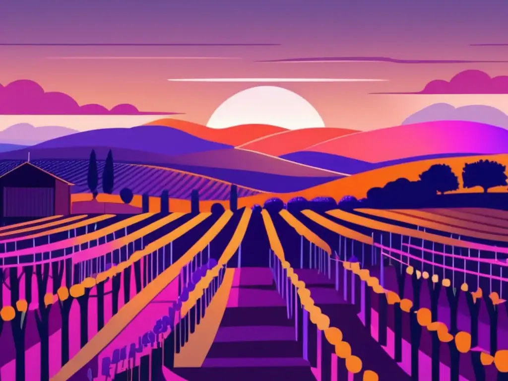 Mercados emergentes vino inversión: Ilustración minimalista de viñedo al atardecer, reflejando sofisticación y oportunidad