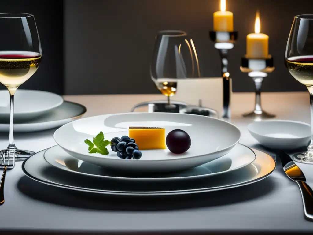 Mesa blanca elegante con vajilla fina, copas de cristal y plato gourmet, en armonía con una botella de vino