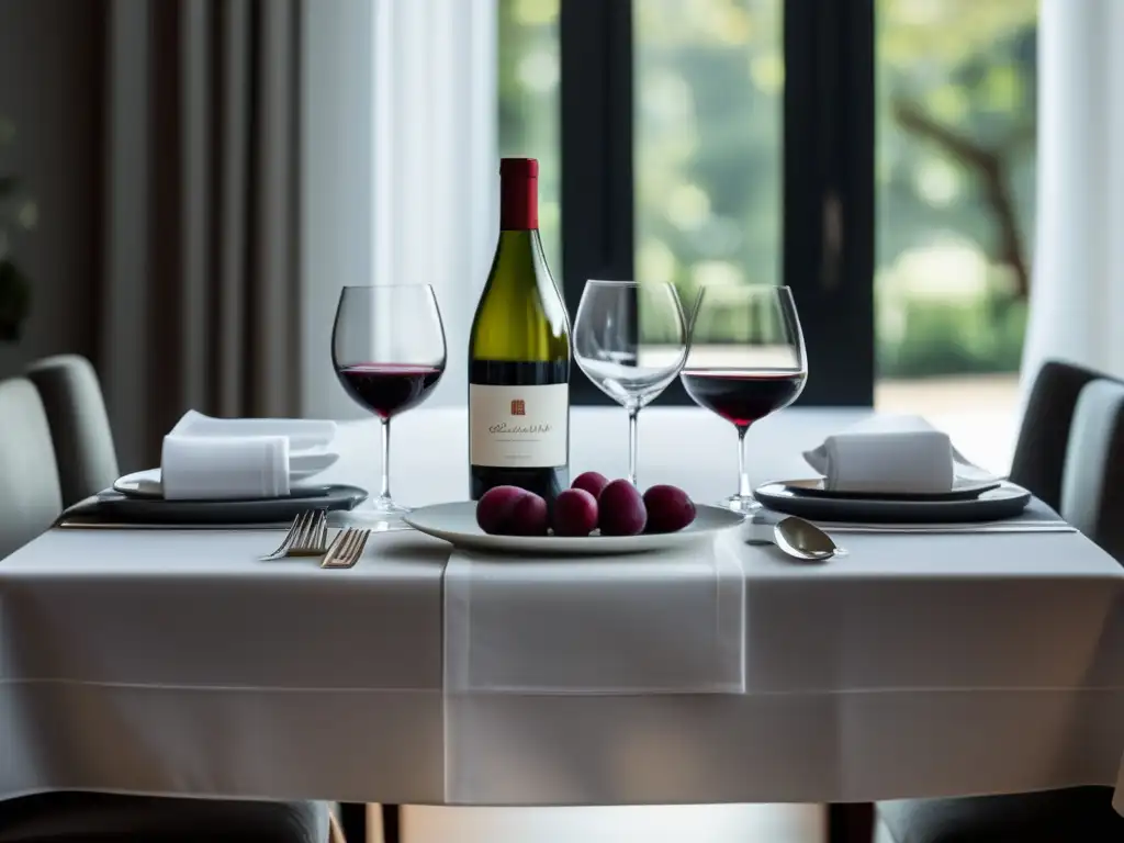 Mesa de comedor elegante con vajilla, copas y botella de vino, maridaje vinos estaciones año