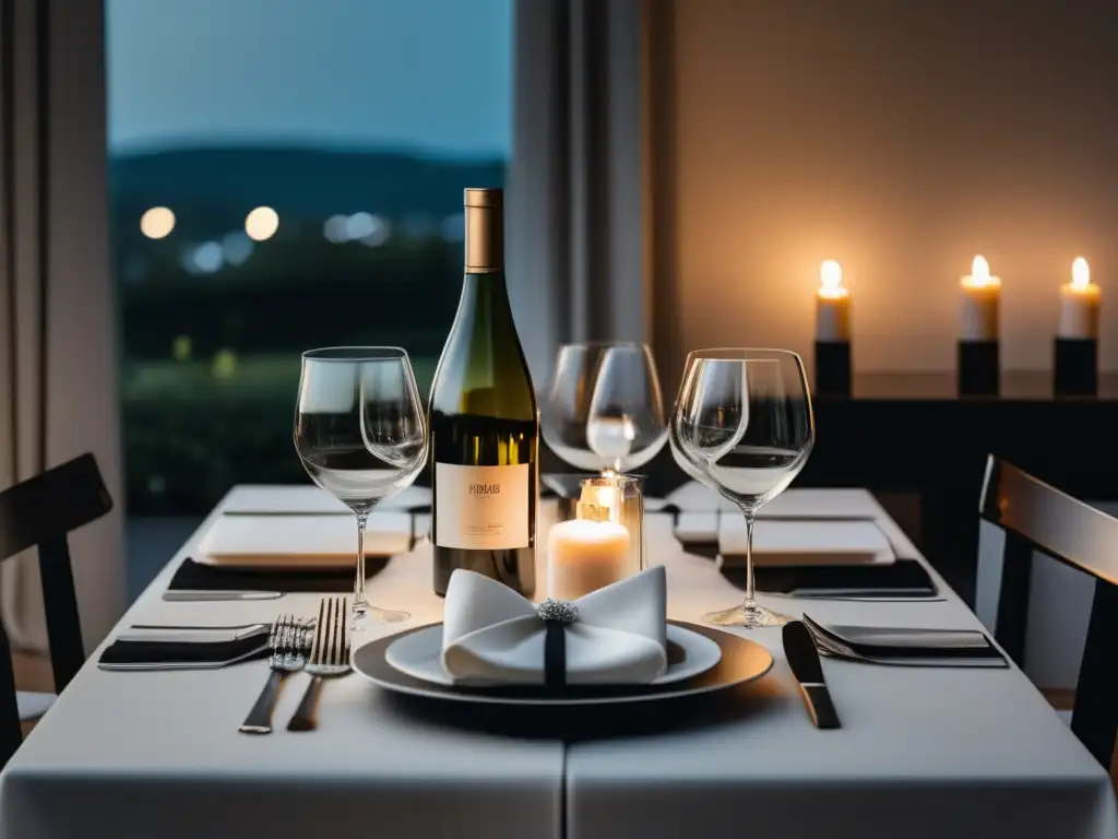 Mesa de cena elegante con vino Mesa de comedor elegante con vino y decoración de platos