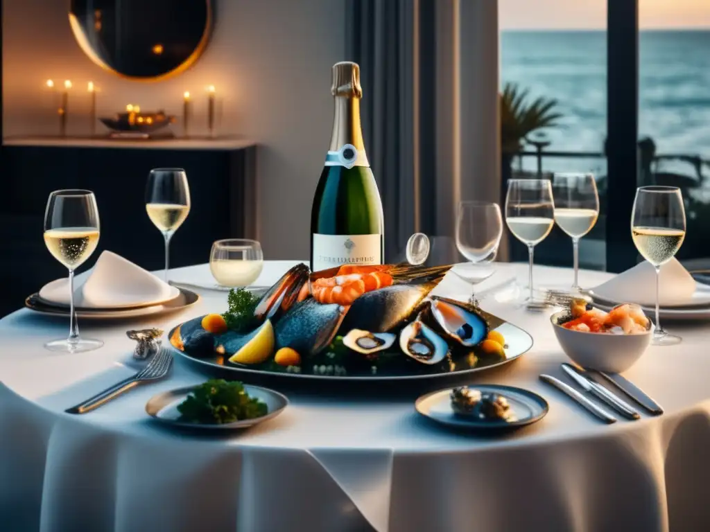 Lujosa mesa de comedor con vinos y mariscos Mesa de comedor de lujo en estilo minimalista con vajilla de plata y mantel blanco