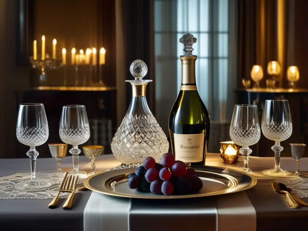 Mesa de comedor lujosa con vino en el cine de época