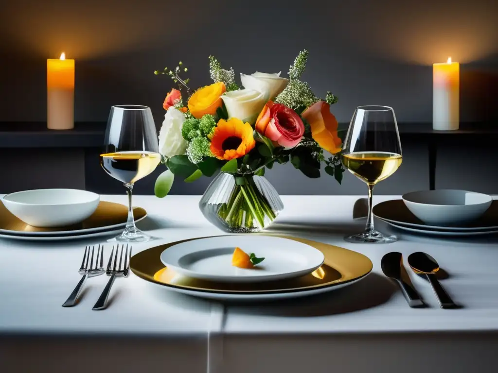 Mesa de comedor minimalista con vajilla blanca elegante, copas de vino de cristal y cubiertos pulidos