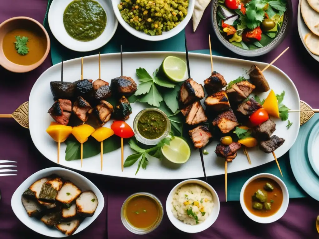 Mesa con kebabs, dolma, khorovats y vinos tradicionales de Armenia