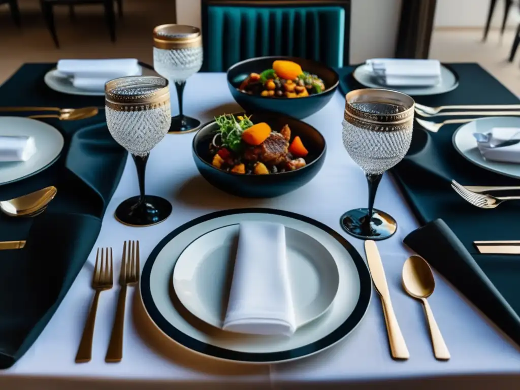 Elegante mesa de cena uzbeka con delicias tradicionales y vino tinto Mesa elegante con cubiertos plateados y copas de vino cristalinas, rodeada de sillas negras