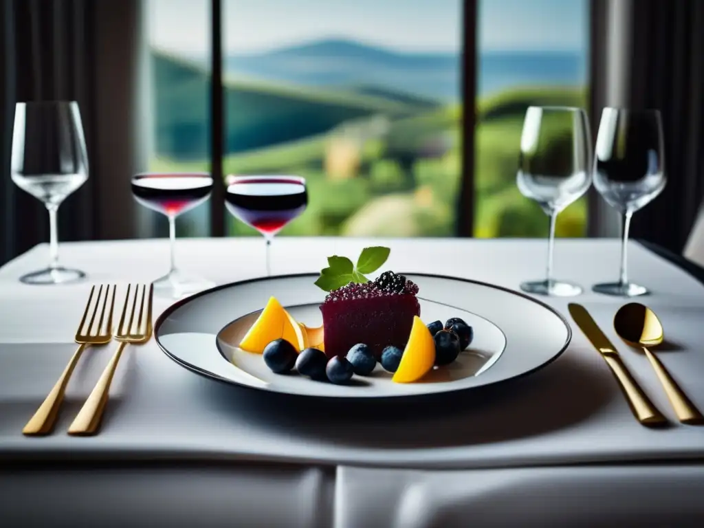 Mesa con elegante y minimalista arreglo, destacando maridaje perfecto en gastronomía y turismo vinícola