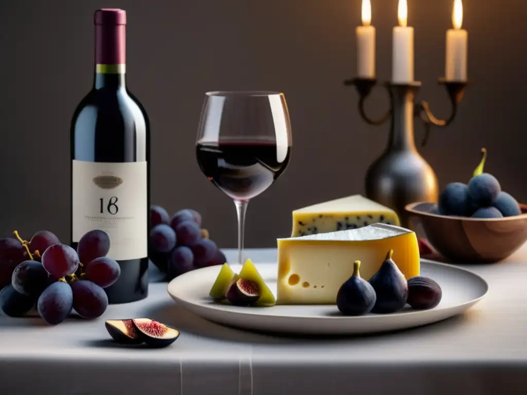 Mesa elegante con plato de queso, uvas rojas y higos, vino tinto y maridajes tradicionales vinos historia