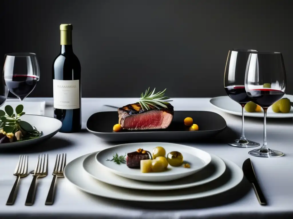 Mesa elegante con platos blancos y cubiertos plateados, platos y vinos exquisitos - Recetas de restaurantes Michelin con ingredientes vinícolas