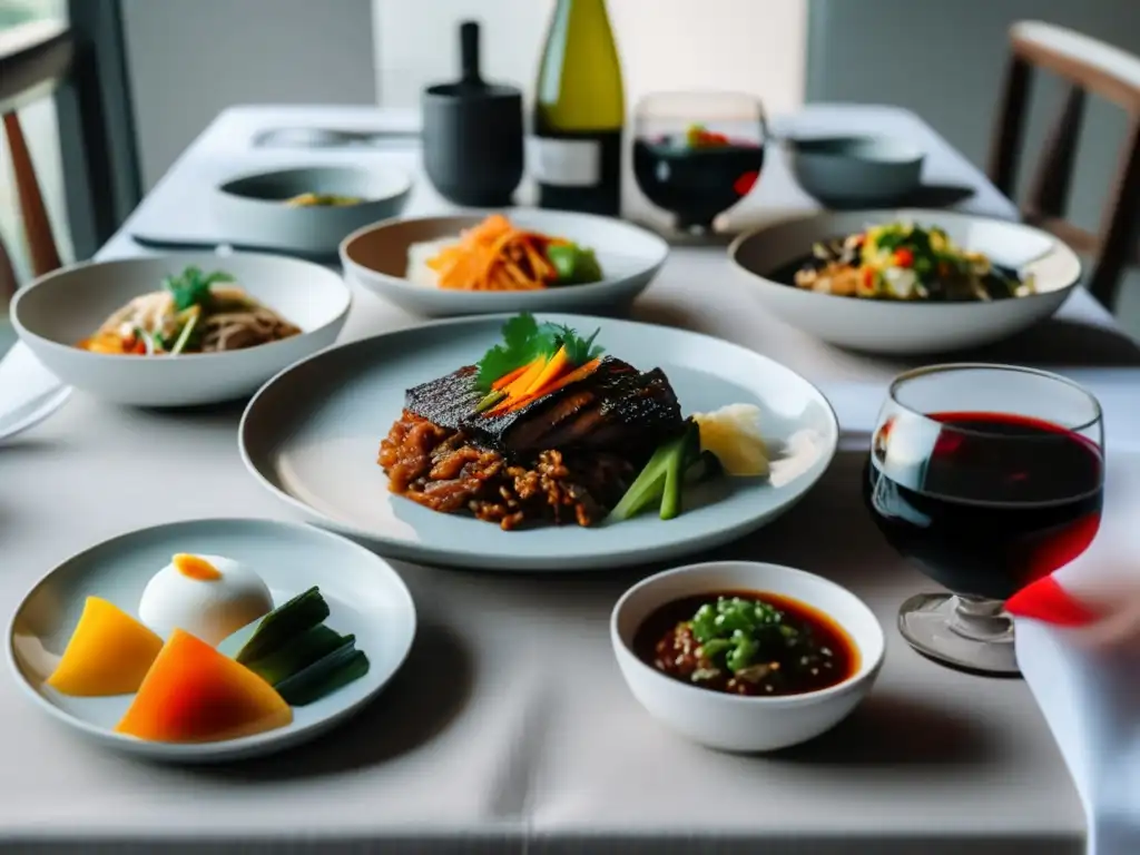 Mesa elegante con platos coreanos y copas de vino Mesa elegante con platos de cocina coreana y vinos para una experiencia gourmet