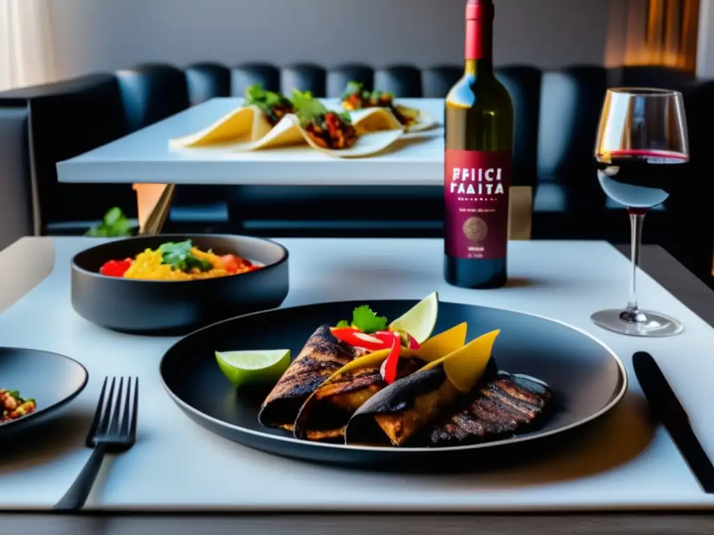 Delicioso banquete TexMex con vinos finos Gastronomía TexMex: mesa elegante con platos vibrantes, vinos refinados y ambiente minimalista