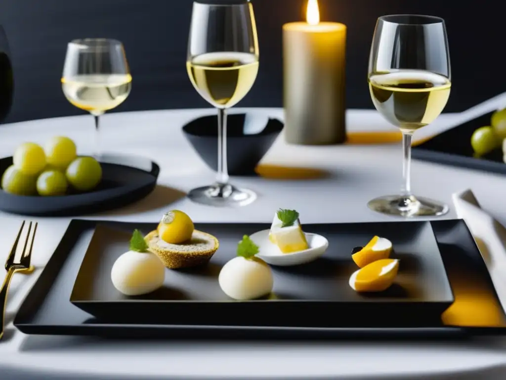 Mesa elegante con vajilla minimalista y copas de vino dorado, acompañada de canapés exquisitos