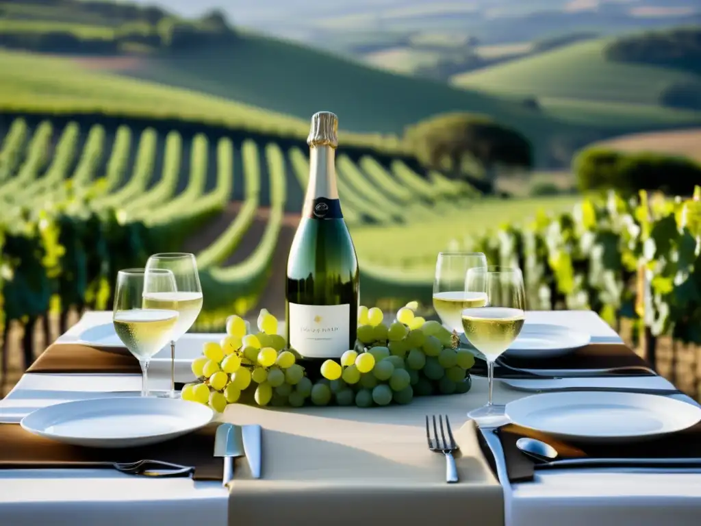 Lujosa mesa en viñedo con exquisita comida y vino Mesa elegante en viñedo con vistas a colinas verdes y viñedos