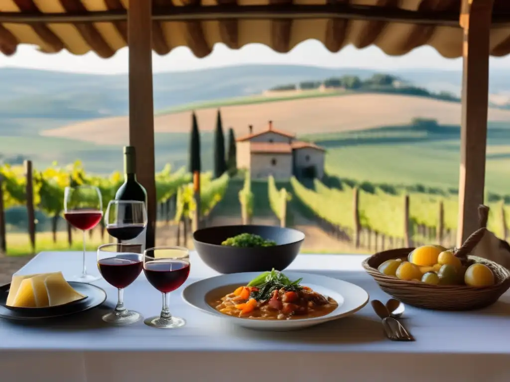 Una mesa de madera rústica en una pintoresca viña toscana, con platos tradicionales y vinos Sangiovese