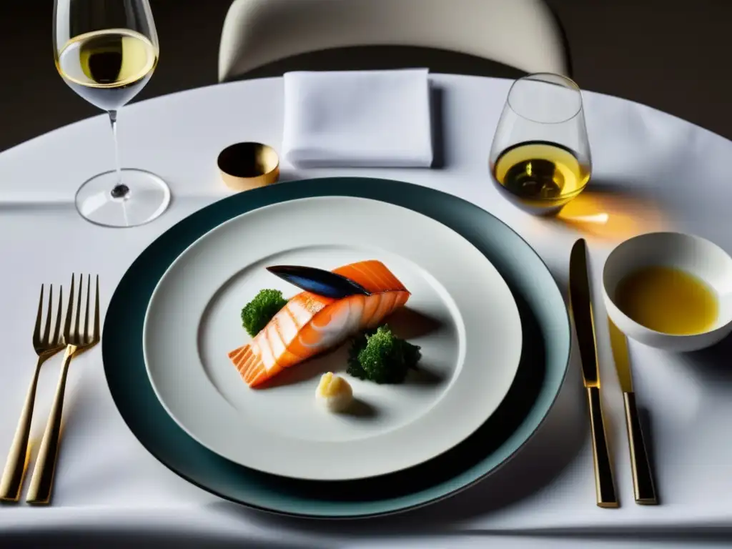 Mesa de comedor minimalista para cena gourmet Mesa minimalista para una comida de estrella Michelin con platos de mariscos y vinos maridaje