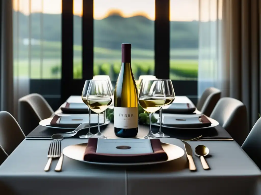 Una mesa minimalista con elegantes platos blancos, cubiertos plateados y delicadas copas de vino