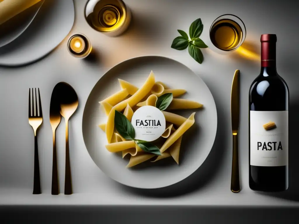 Una mesa minimalista con platos blancos elegantes y vinos para pastas italianas