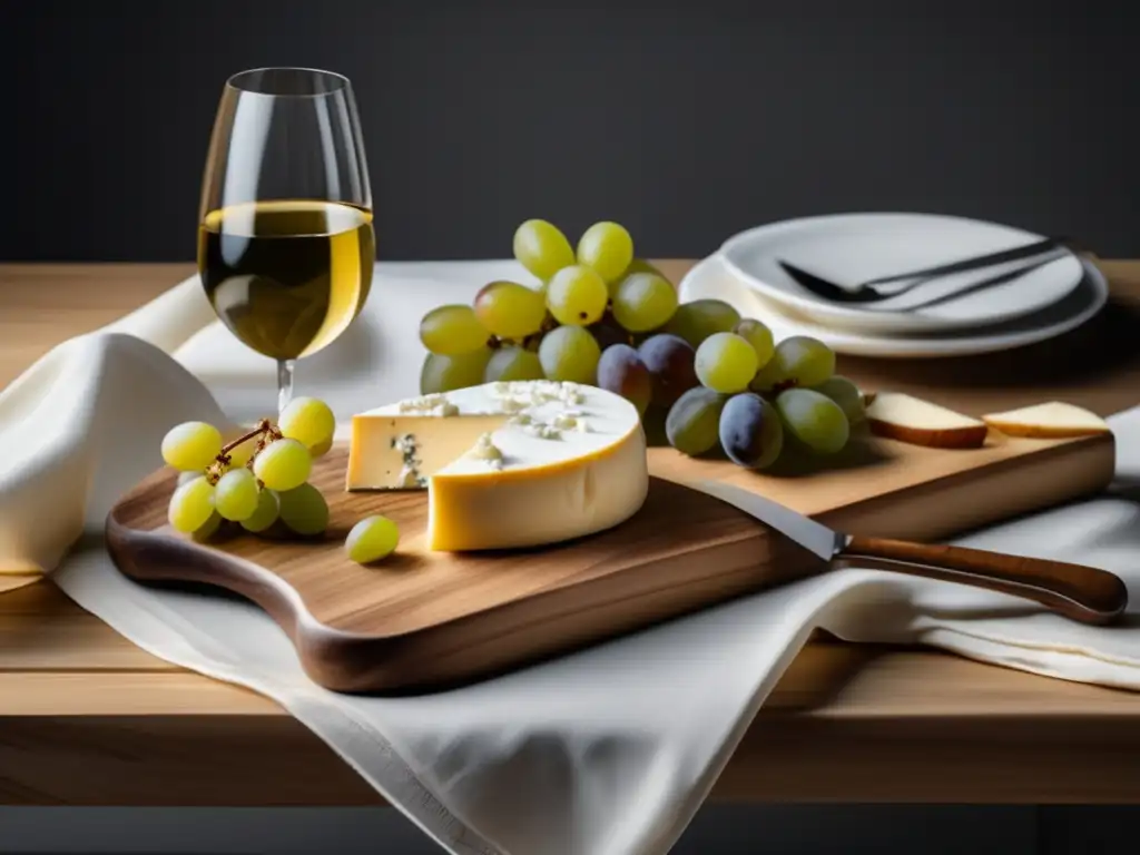 Mesa minimalista con queso Brie, uvas frescas y vinos franceses