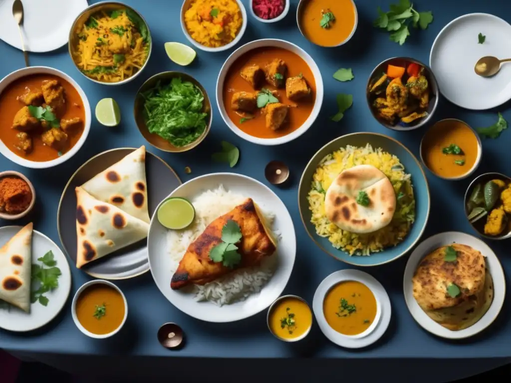 Mesa con platos de comida tradicional india y botellas de vino, simbolizando la cultura vinícola emergente en India