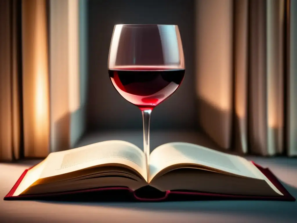 Metáfora del vino en Shakespeare: libro abierto con copa de vino rojo, luz suave