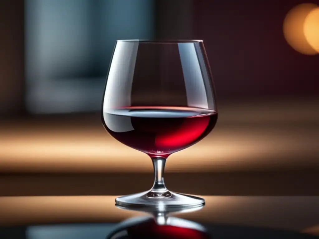 Metáfora del vino en Shakespeare: vidrio de vino rojo sobre superficie reflectante, minimalista y simétrico, con fondo desenfocado