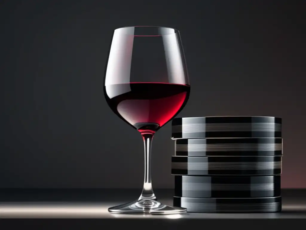 Metáforas vino en cine y TV: Ilustración minimalista 8K de una copa de vino sobre carretes de película, reflejando elegancia y profesionalismo