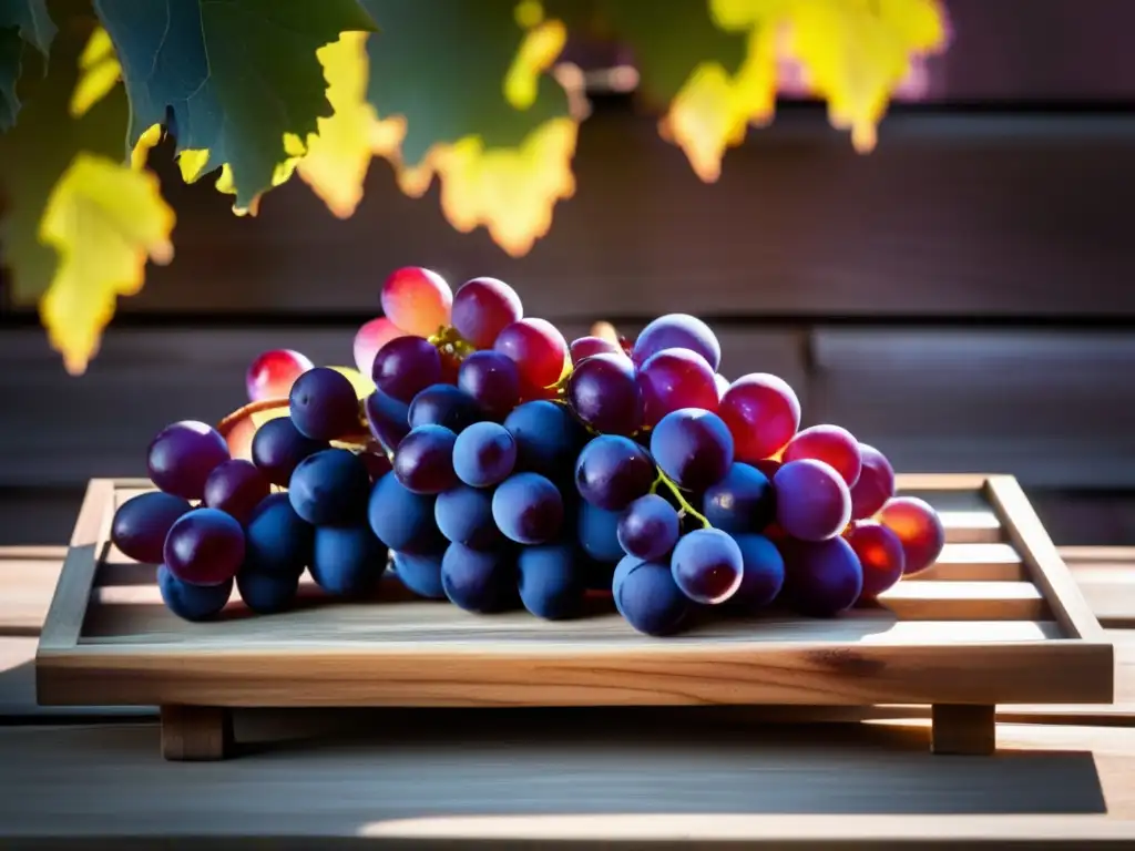 Método de secado de uvas al sol: racimo de uvas moradas en bandeja de madera rústica bajo el sol, resaltando su belleza natural