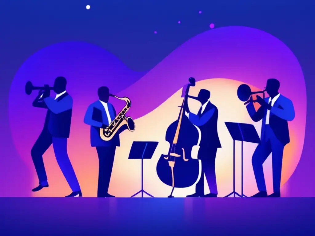 Ilustración minimalista de una banda de jazz en un escenario con ondas sonoras y estética sofisticada