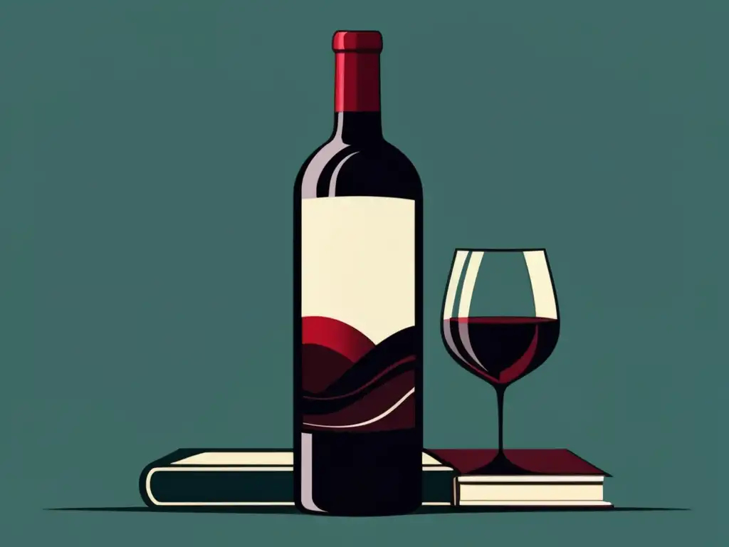 Ilustración minimalista de una botella de vino y un libro entrelazados