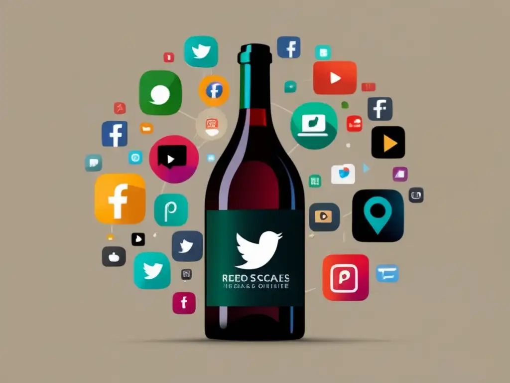 Ilustración minimalista de una botella de vino en un mundo digital con redes sociales para vender vino online