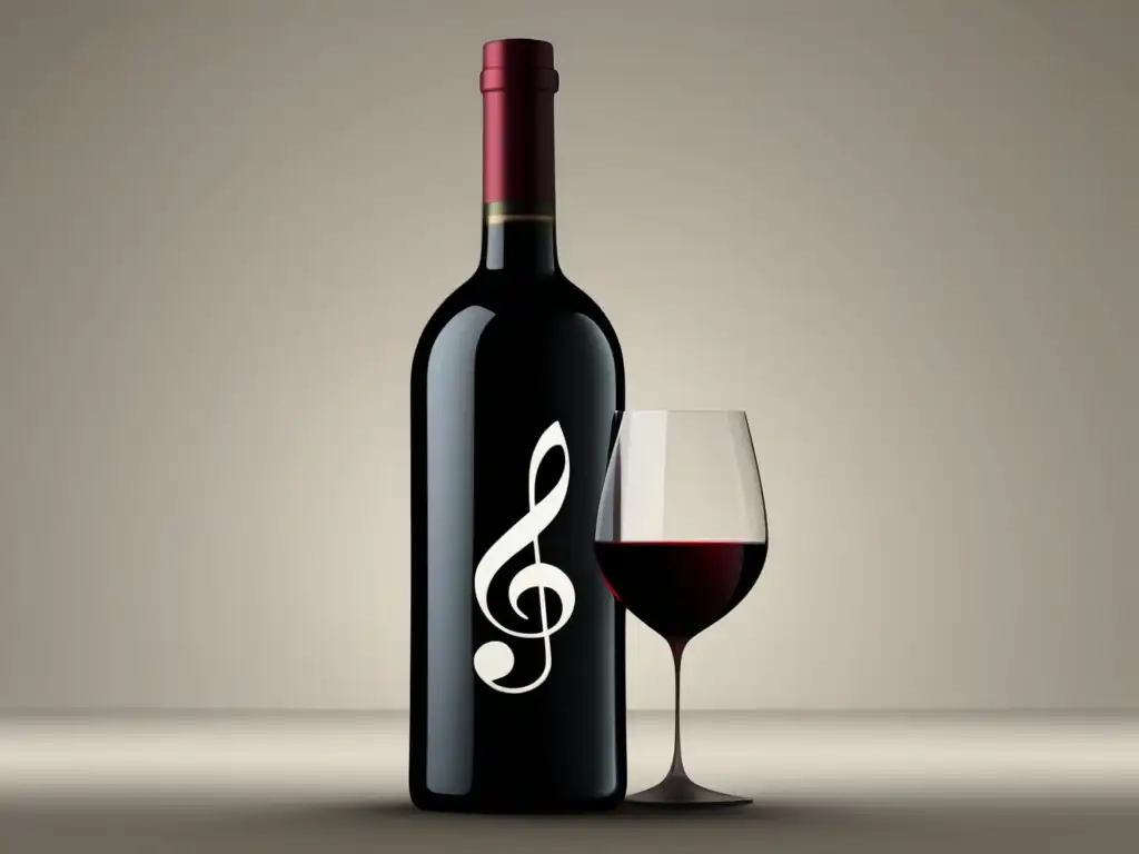 Ilustración minimalista de botella de vino y nota musical, simbolizando canciones modernas sobre vino