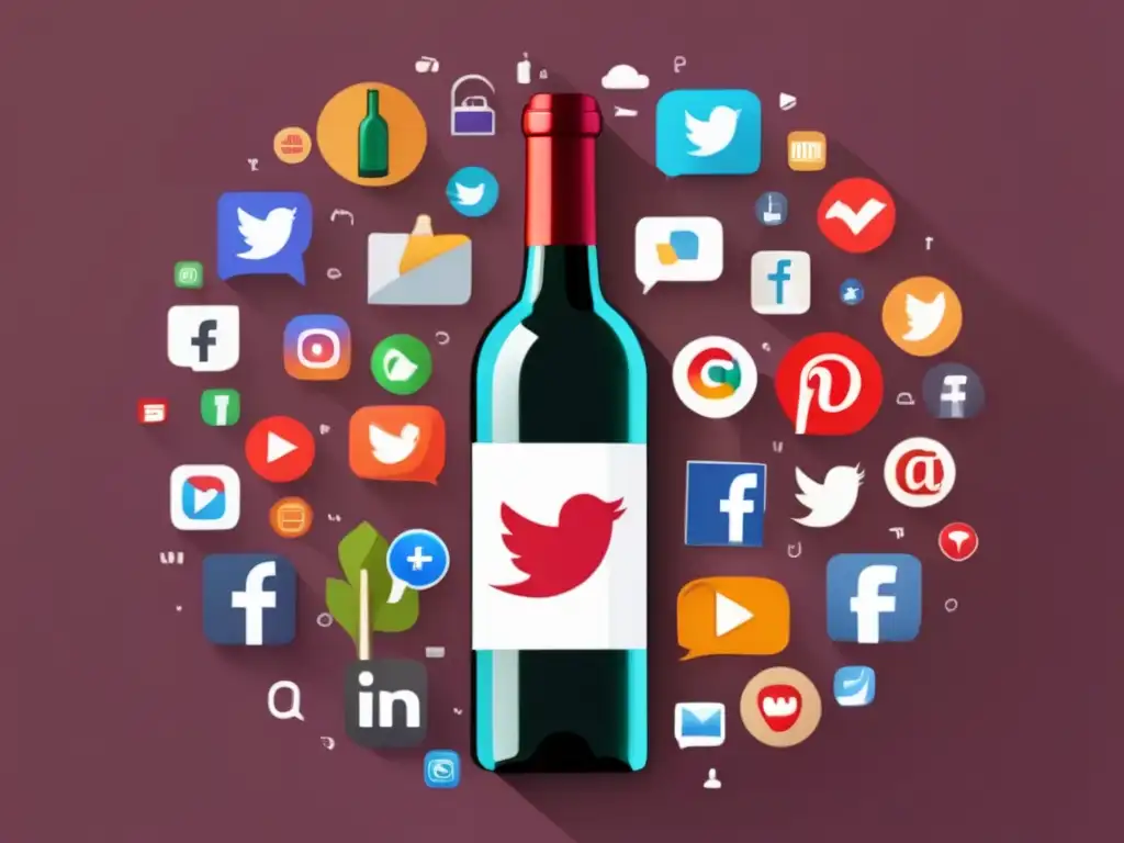 Representación gráfica minimalista de una botella de vino rodeada de íconos de redes sociales