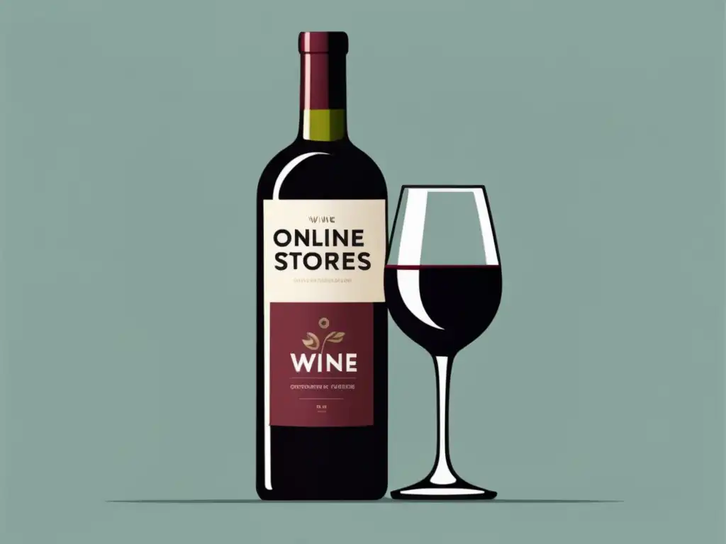 Ilustración minimalista de una botella de vino rodeada de palabras clave sobre posicionamiento tienda online vinos y SEO