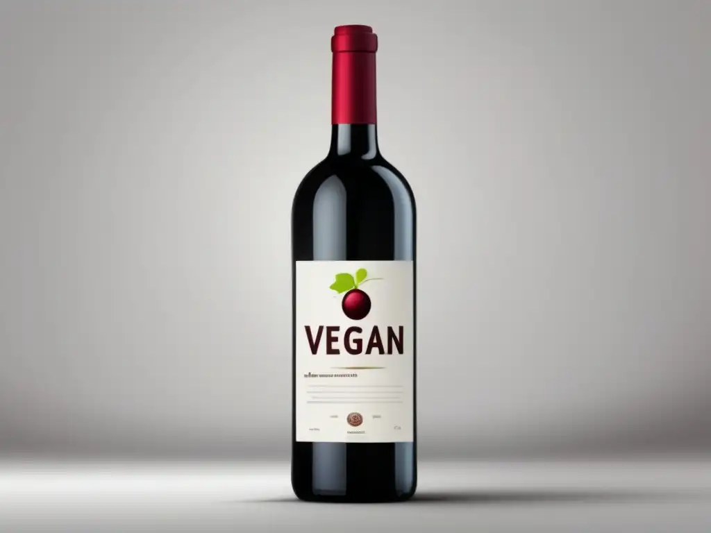 Ilustración minimalista de una botella de vino vegano rodeada de etiquetas y certificaciones, resaltando su baja concentración de sulfitos