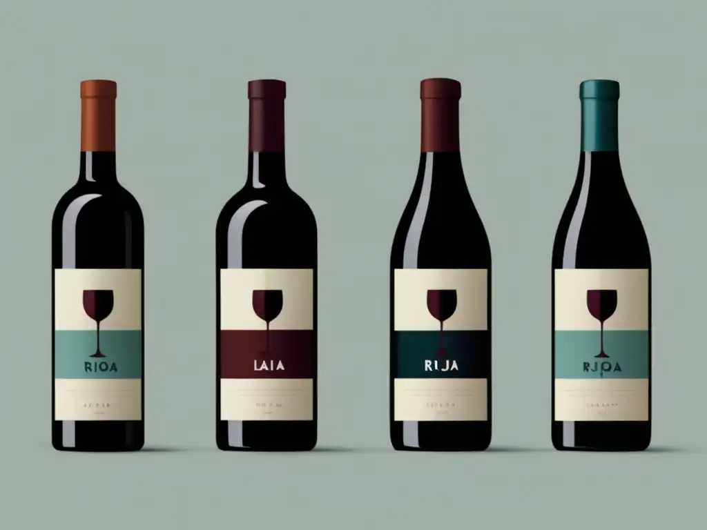 Ilustración minimalista de tres elegantes botellas de vino representando La Rioja, España; Cahors, Francia; y Mendoza, Argentina