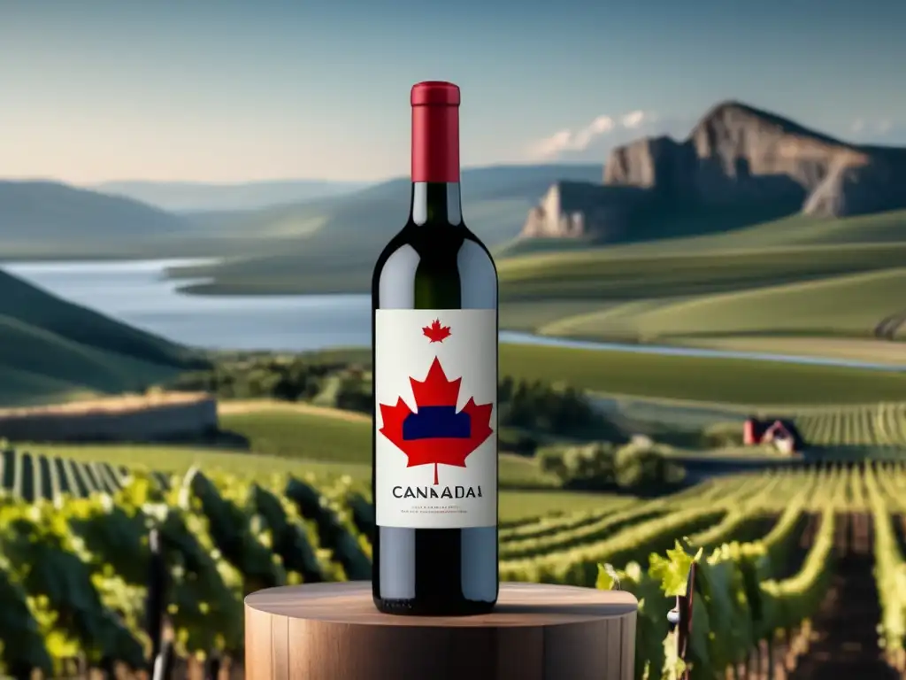 Innovación en viticultura en Canadá: Botella minimalista con etiqueta de la bandera canadiense en paisaje impresionante