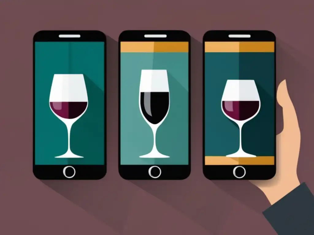 Ilustración minimalista de 3 móviles con apps sommelier para entender vinos