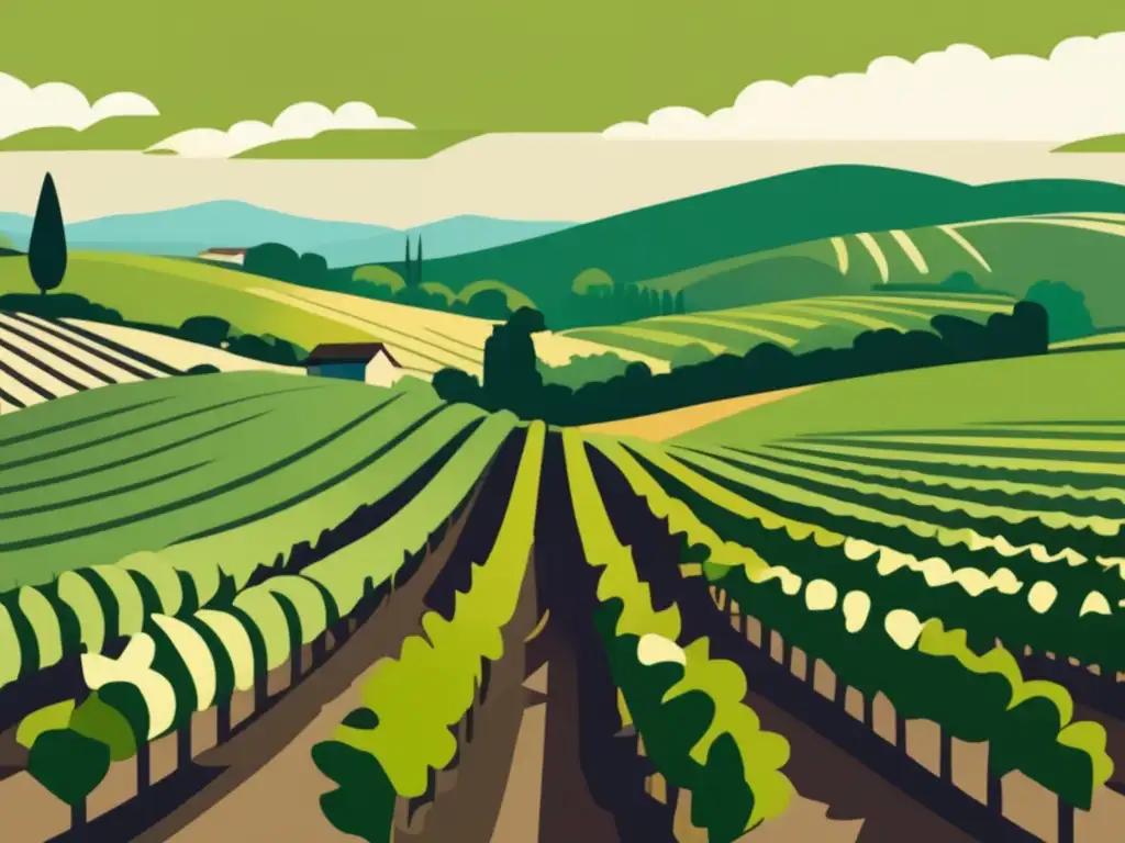 Ilustración minimalista de un paisaje exuberante de viñedos con uvas Chardonnay en primer plano y colinas cubiertas de viñedos al fondo