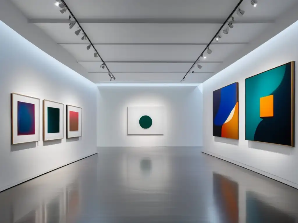 Galería minimalista con pinturas abstractas, clásicas y contemporáneas