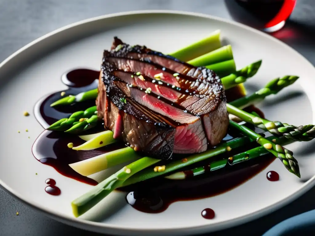 Presentación minimalista de un plato: filete de carne de res sellado sobre espárragos verdes, con reducción de vino tinto y hierbas frescas