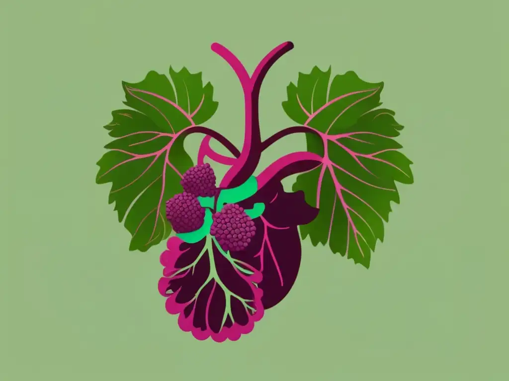 Ilustración minimalista de pulmones saludables rodeados de viñedos: Beneficios del vino para pulmones