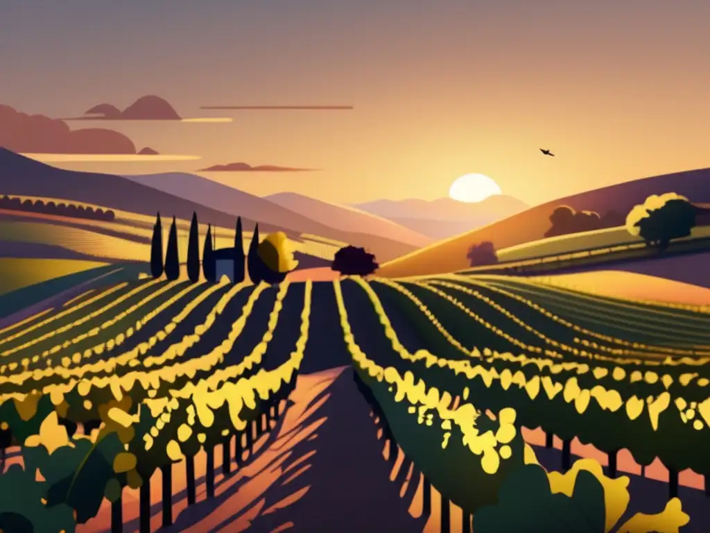 Ilustración minimalista de viñedo al atardecer, resalta variedades de uva para vino vegano