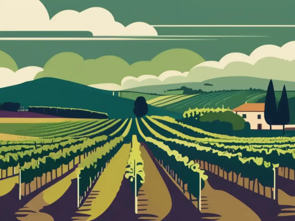 Ilustración minimalista de un viñedo y cambio climático en mercado del vino