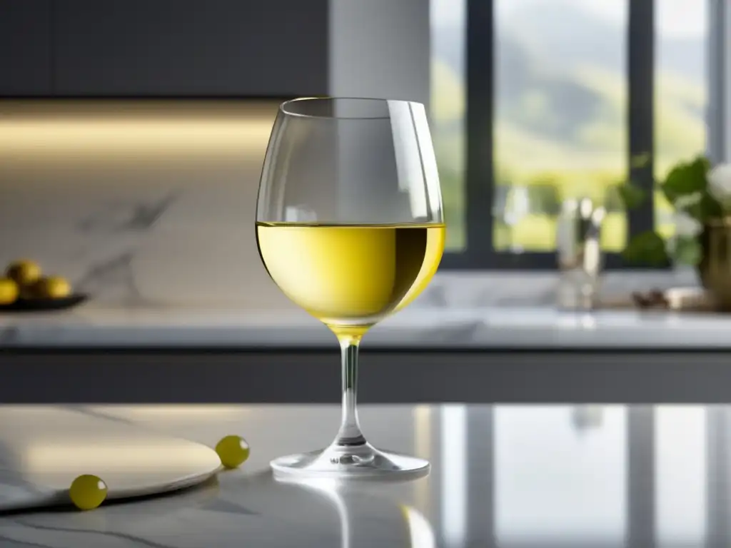 Copa minimalista de vino Sauvignon Blanc amarillo pálido en encimera de mármol blanco, con luz natural y sombras sutiles