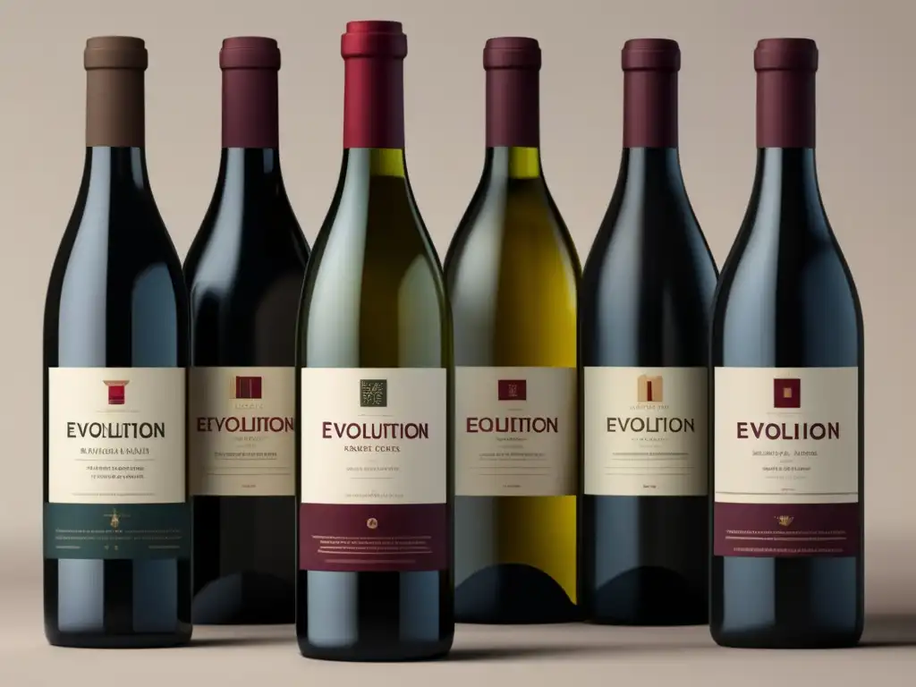 Evolución leyes vino Europa: Botella minimalista de vino con etiqueta que representa distintas épocas históricas, colores sofisticados