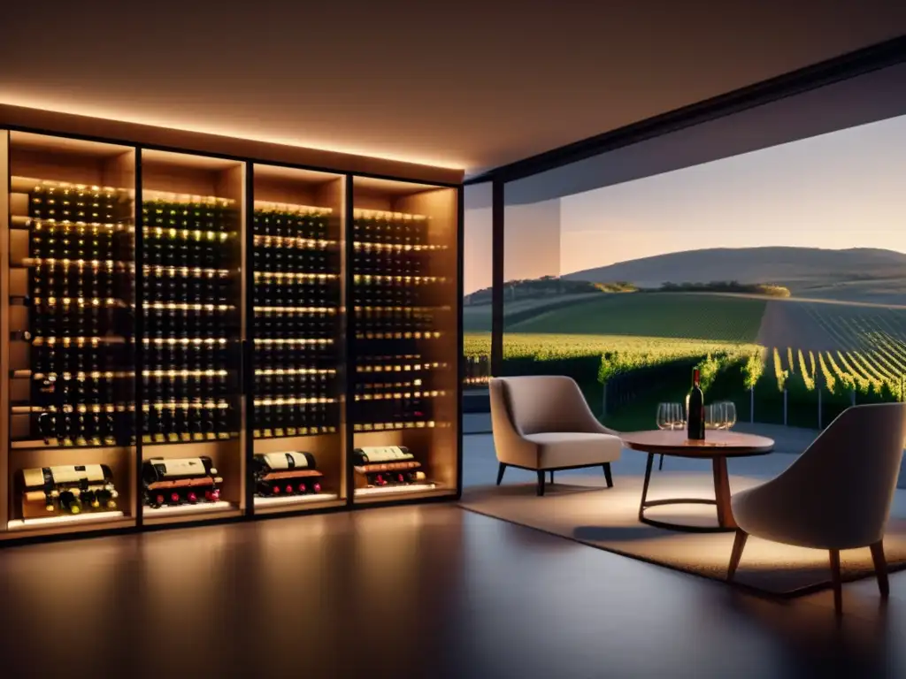 Wine cellar minimalista con vista panorámica a viñedos y botellas de vino organizadas