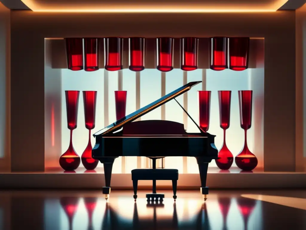 Mitología del vino y música clásica: piano de copas de vino elegantes y simétricas en una habitación iluminada