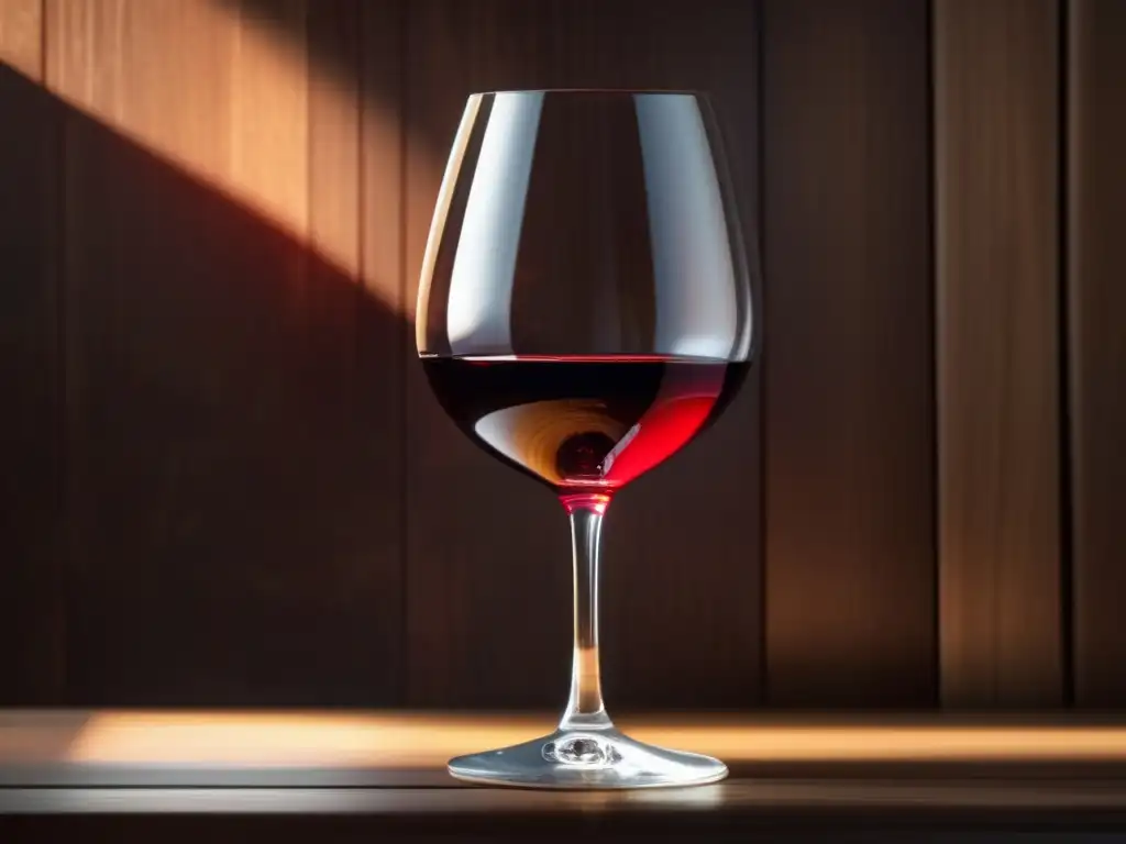 Mitos vino literatura: elegancia y sofisticación de un vaso de vino en una mesa de madera, con juego de luces y sombras